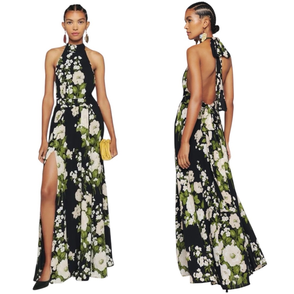 Reformation Andee Floral Halter Maxi Dress in Raven Open Back Slit Size 2 NWT - Picture 2 of 15